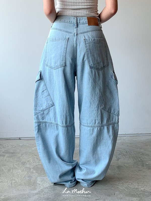 軟料彎刀口袋牛仔長褲